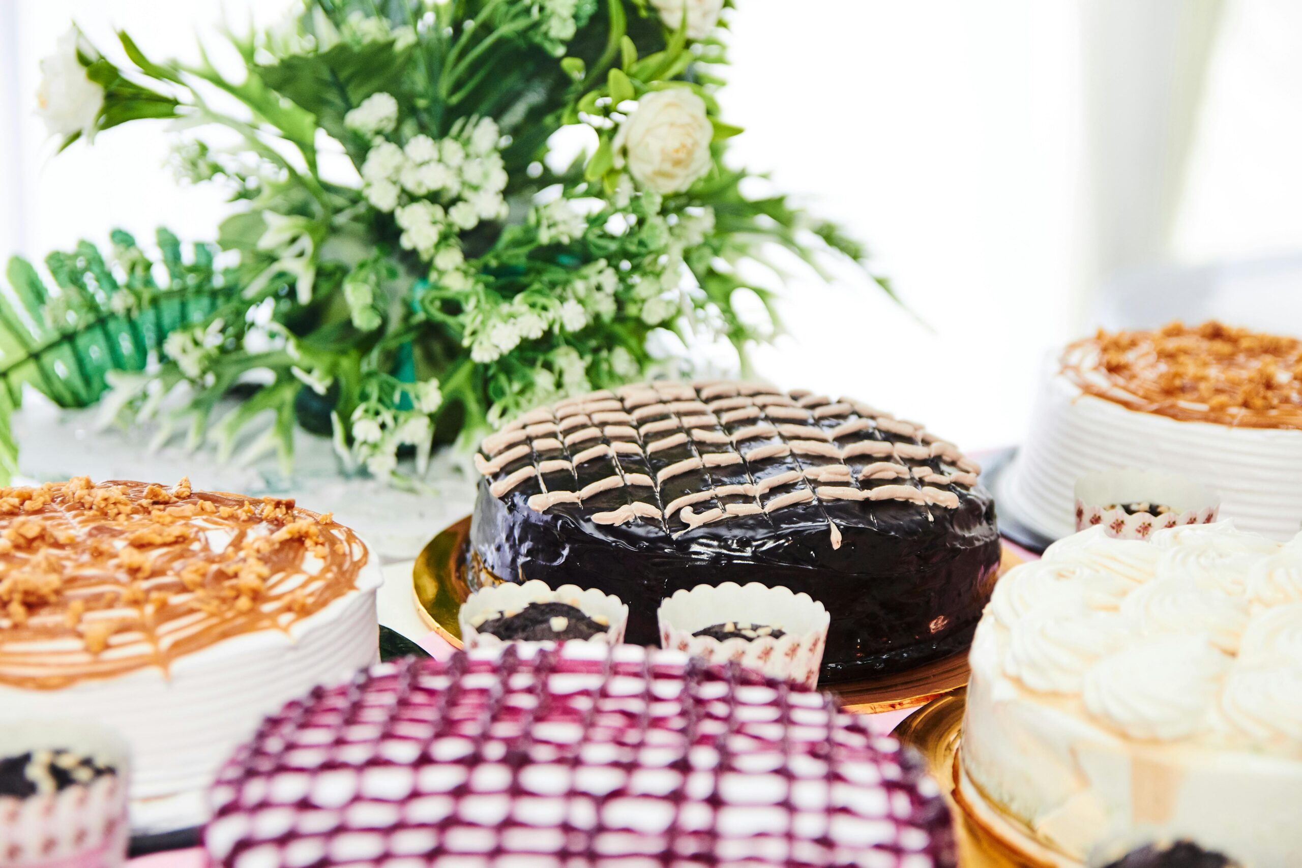 A variety of delicious cakes with chocolate and cream toppings, perfect for any celebration.